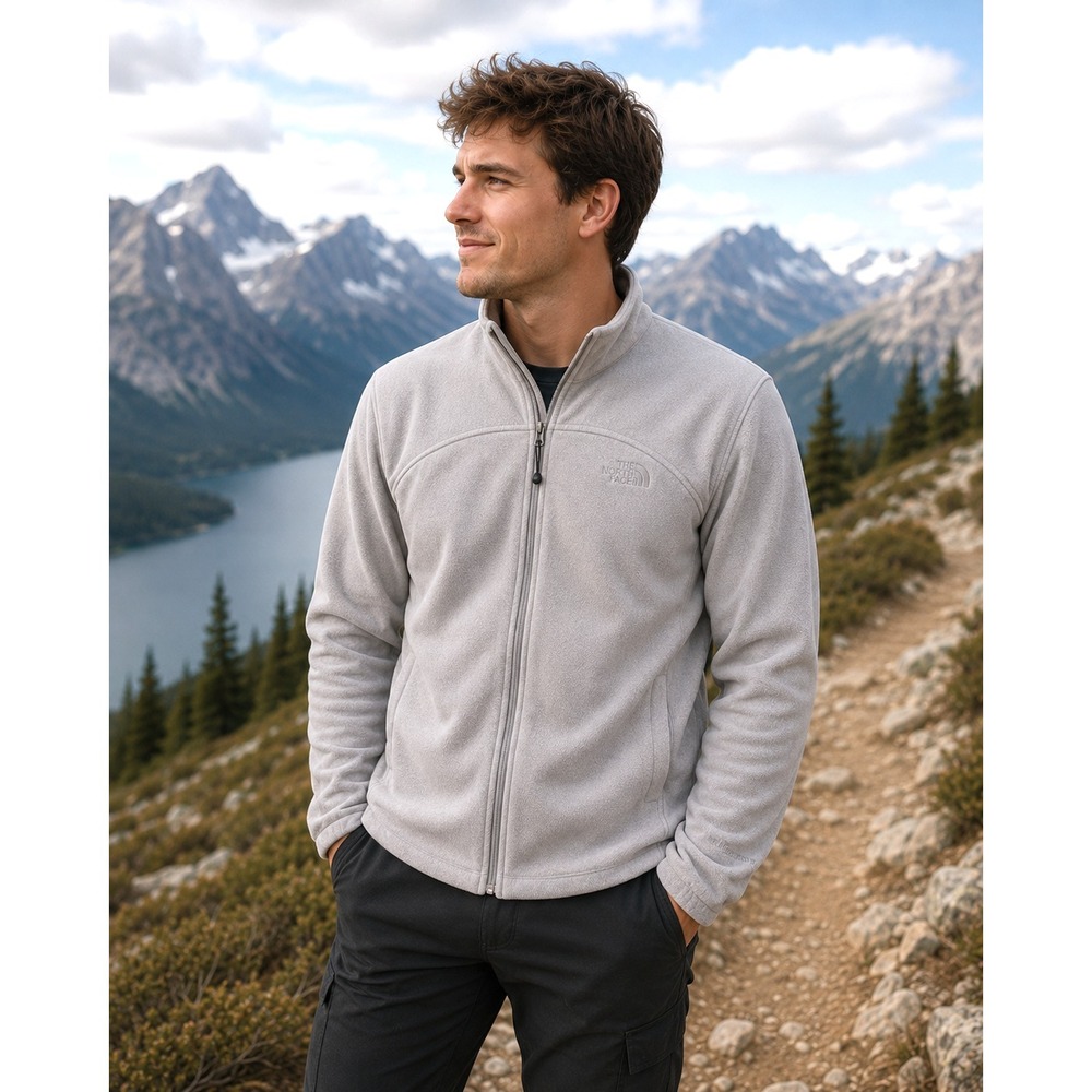 THE NORTH FACE Men's Large Windwall Fleece Jacket  Full Zip  Light Gray Lined